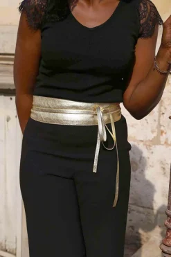 Ceinture En Cuir Metallise Dore Casey